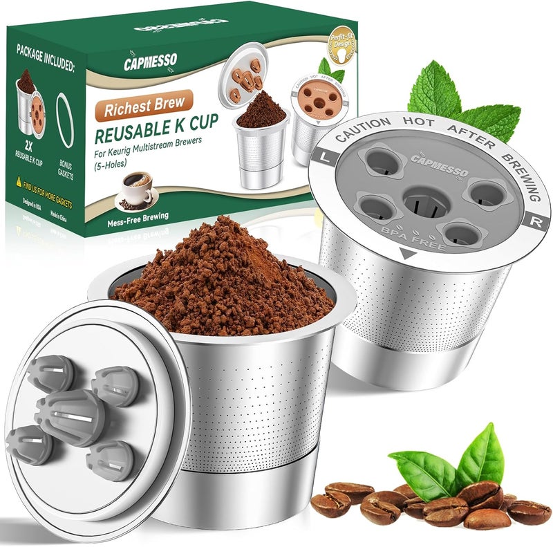 CAPMESSO Reusable K Cups for Keurig: 2025 Updated My K cup Metal Coffee Filter Refillable Coffee Pods with 5 Holes - for K Supreme/K Slim/K-Duo Gen2/K-Brew Chill with MultiStream Technology (2 Pack) - Image 1